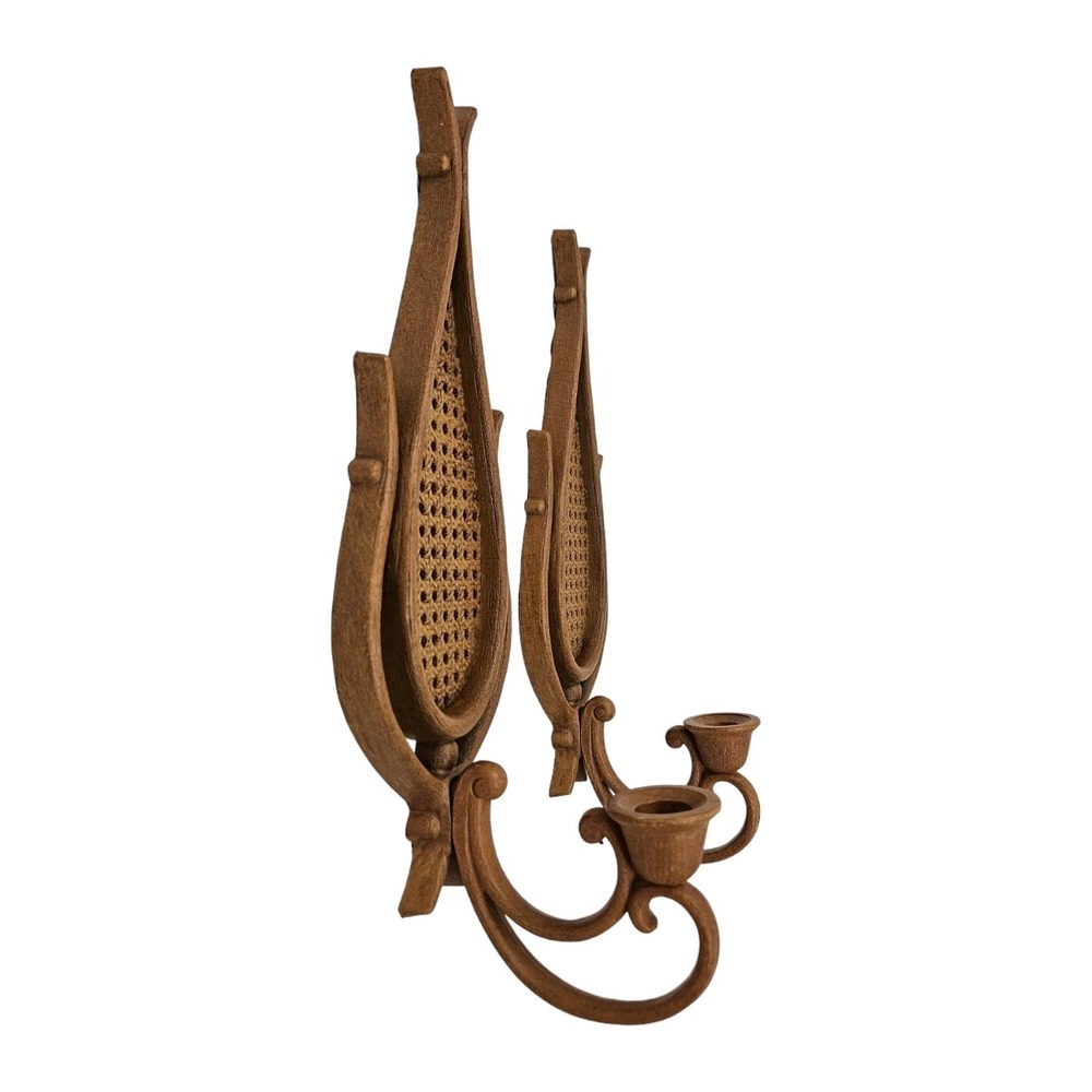 Vintage Homco Rattan Teardrop Candle Sconce Holders w Cups Wall Mount Boho - Picture 10 of 11